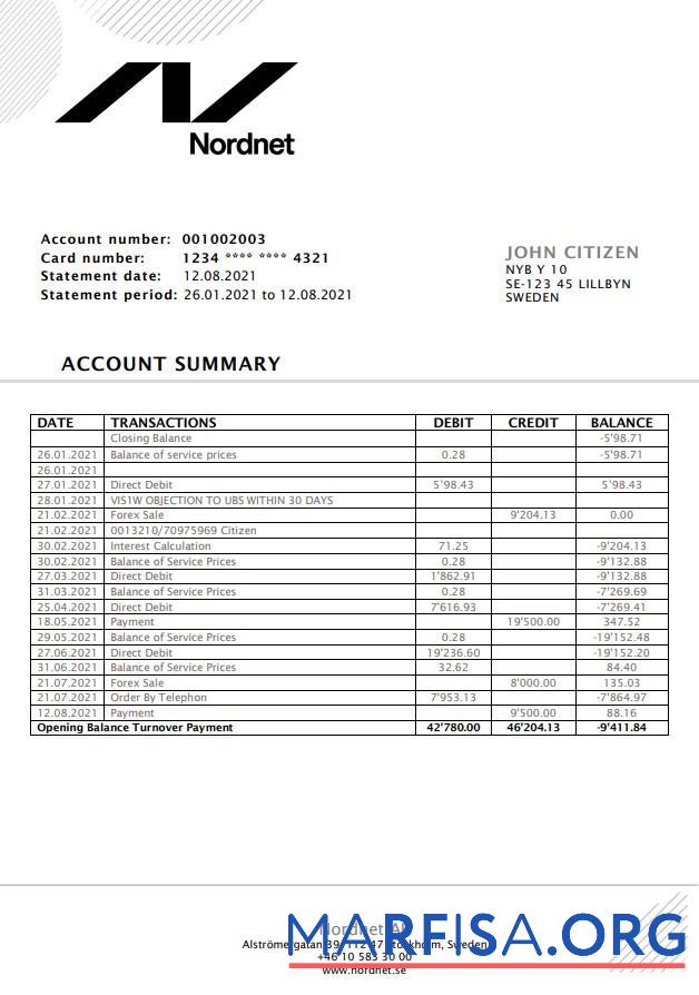 Downloadable Sweden Nordnet AB bank statement word template